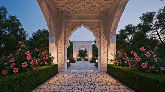 Elegant white marble archway with intricate patterns framed by palms and blooming flowers along a sunlit garden path