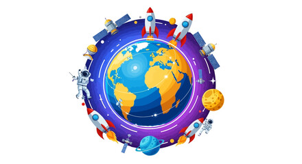 Illustration of a family and astronaut characters surrounding the Earth on International Day of Human Space Flight with a galaxy background. © HambaTuhanImages