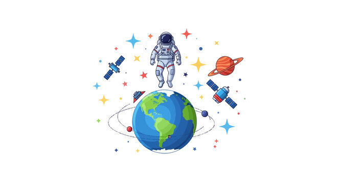 Illustration of an astronaut standing on Earth surrounded by planets, stars, and spaceships in outer space, celebrating International Day of Human Space Flight.