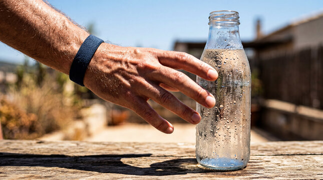Sunlit hand reaches for a cool glass bottle of vital water, promising blissful relief on a parched summer day