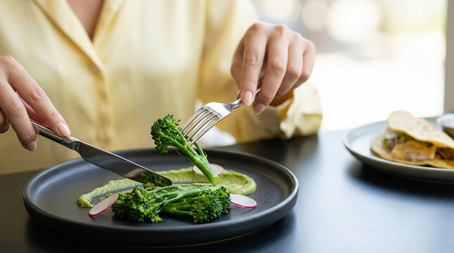 Steamed broccolini with avocado puree and radish garnish on black plate, elegant hands using fork and knife to eat in bright cafe setting, fresh healthy meal with relaxed mood