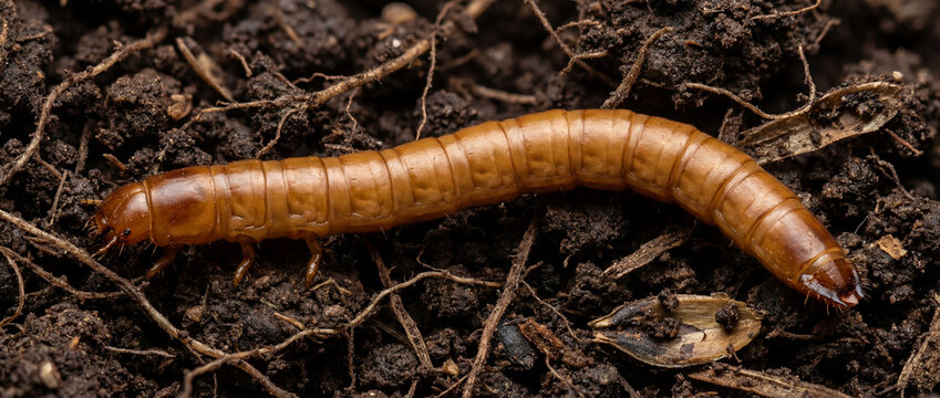 Close up of a hard cylindrical wireworm larva of a click beetle in soil