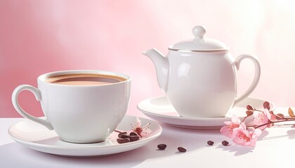 Fototapeta premium A still life of a teacup with saucer, teapot, and cherry blossoms on a pink backdrop