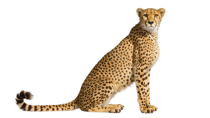Spotted cheetah sitting attentively with focused gaze displaying sleek fur and powerful build, isolated on transparent background for wildlife designs © Aino