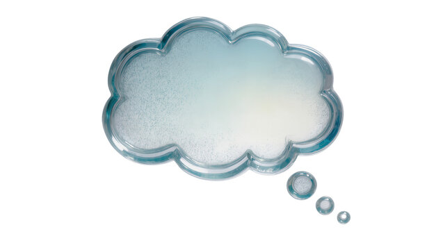 Shiny blue plastic cloud-shaped thought bubble with three small silver spheres, isolated on transparent background for creative design projects