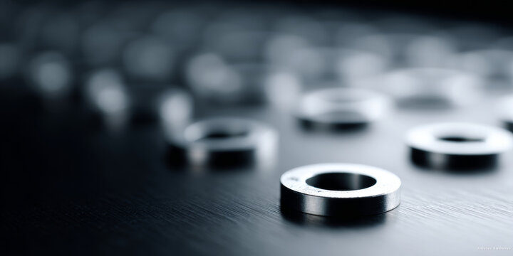 Close-up of metal washers on dark surface