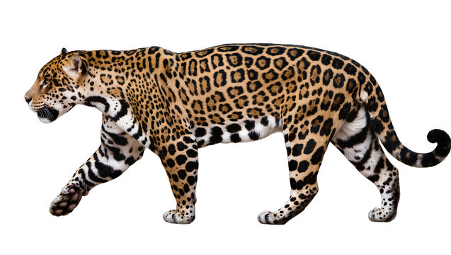 Powerful adult jaguar with distinctive black rosettes and muscular build, isolated on transparent background for wildlife designs and branding