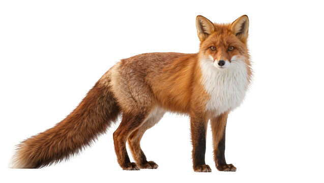 Reddish-brown adult fox standing alert with fluffy white chest and tail, isolated on transparent background for wildlife designs and educational materials
