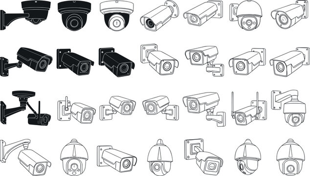 Surveillance camera icons vector illustration showing dome, bullet, PTZ designs in filled and outlined styles, security system design artwork