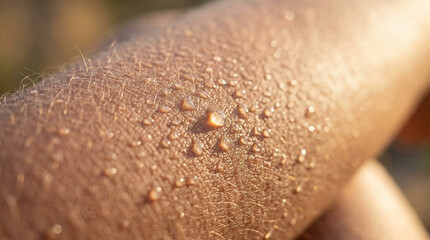 Fototapeta premium Glistening sweat beads adorn a sun-kissed arm, revealing natural skin texture under the golden light of an outdoor day