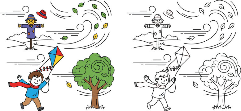 Boy Flying Kite on a Windy Autumn Day with Scarecrow and Tree