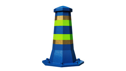 Obraz premium Blue and green striped Lego lighthouse tower with a dark gray roof and a wide base, isolated on transparent background for nautical designs