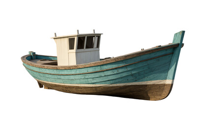 Naklejka premium Weathered turquoise wooden fishing boat with small cabin, showcasing nautical charm isolated on transparent background for maritime designs