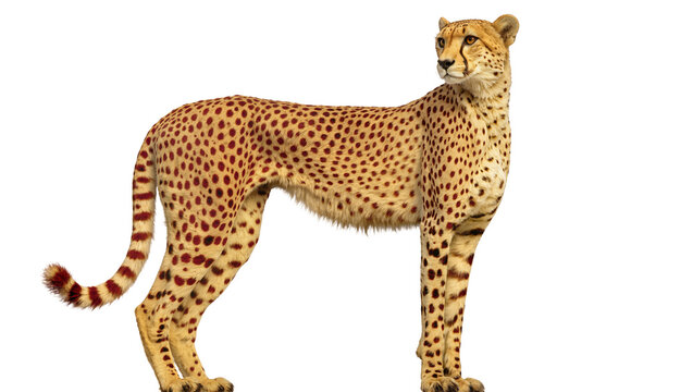 Spotted cheetah standing alert displaying its sleek muscular body and distinctive rosette pattern, isolated on transparent background for wildlife designs