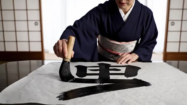Person practicing traditional art with ink brush on paper