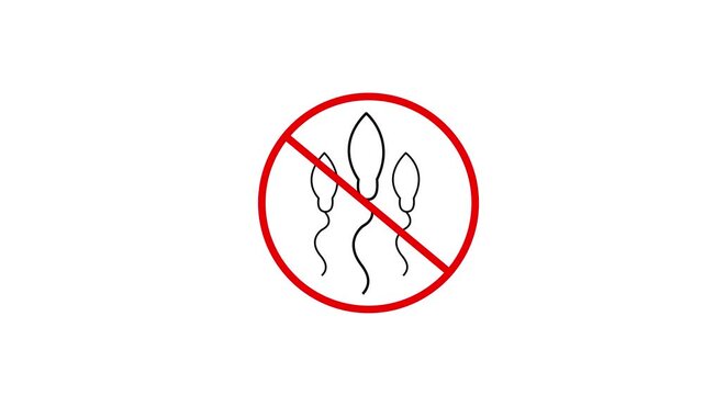 Prohibition sign with sperm icons inside, symbolizing no reproduction, conception, or birth control concept, with a clean white background and red circle outline for awareness.