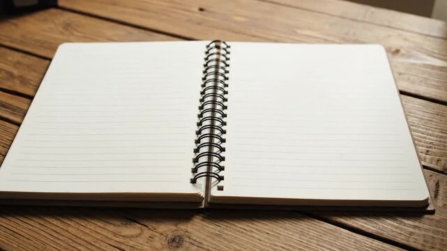 An open spiral bound notebook with blank lined pages rests on a wooden surface