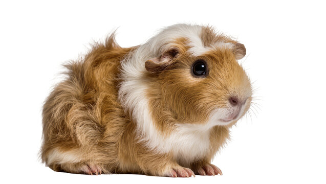 Fluffy brown and white guinea pig with long fur attentively gazing forward, isolated on transparent background for pet adoption posters