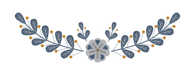 Ornamental folk art vector illustration with symmetric flower and leafy branches. Decorative ethnic floral element in scandinavian style for wedding invitations, logos and border design. © Elena