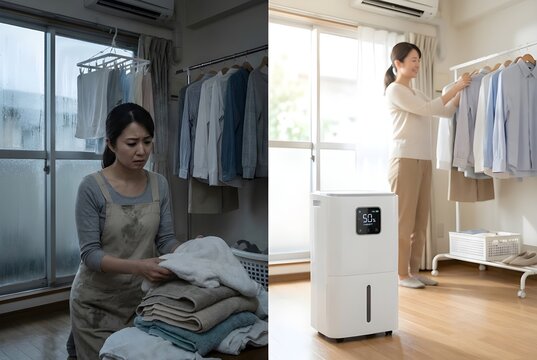 梅雨の部屋干しの悩みと除湿機で解決した快適な室内環境の比較イメージ（AI生成）