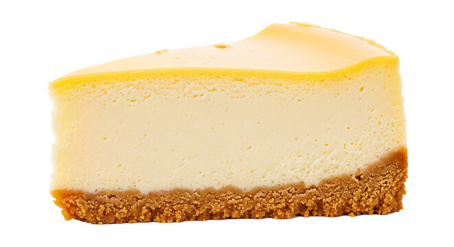 A slice of cheesecake with a graham cracker crust PNG isolated on transparent background
