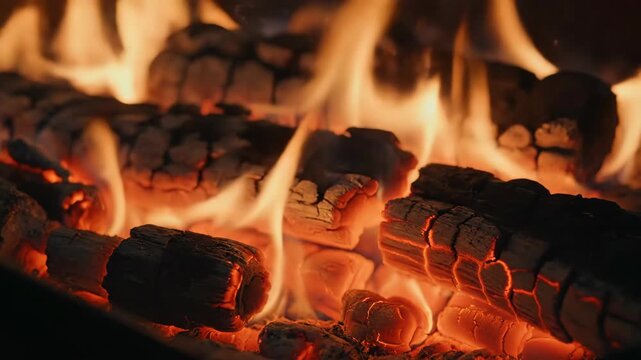 Burning logs with glowing embers and flames in a close-up view, showcasing the vibrant colors and textures of the fire in a darkened setting