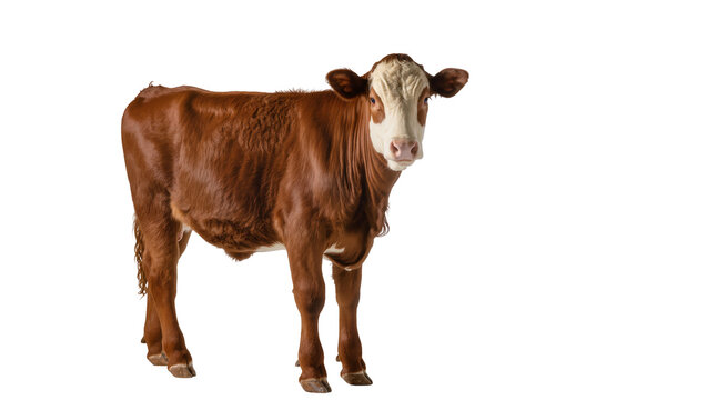 Brown and white Hereford cow standing attentively displaying a gentle expression, isolated on transparent background for farm animal designs
