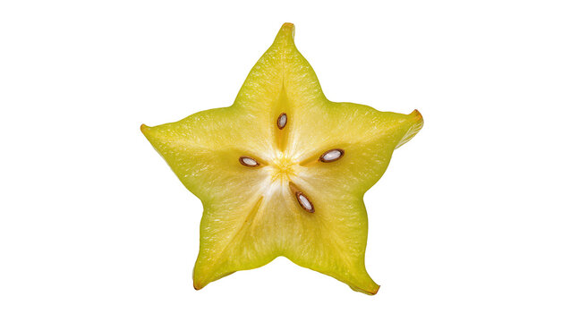 Vibrant starfruit cross-section displaying juicy yellow flesh dark brown seeds and textured rind, isolated on transparent background for tropical designs