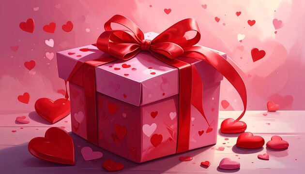 A pink gift box with a red ribbon and hearts