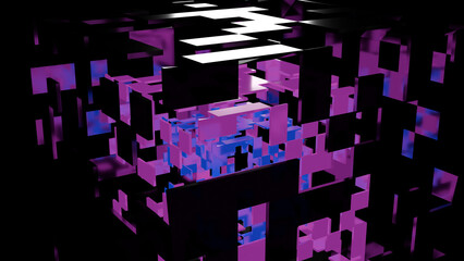 Abstract fragmented 3D pink and blue cube digital art (3D Rendering)