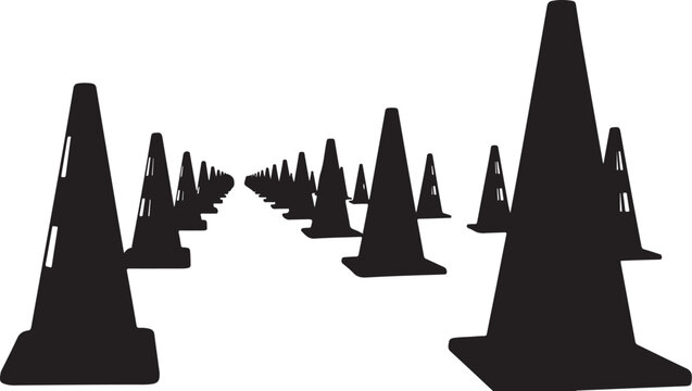 Many black traffic cones on white background illustration
