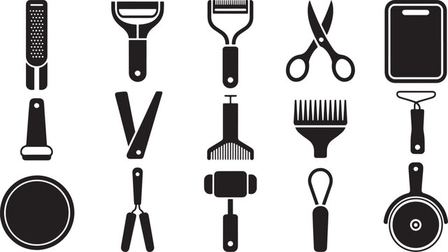 Set of Various Kitchen Utensils and Culinary Cooking Tools Vector Icons for Home Cooking Design