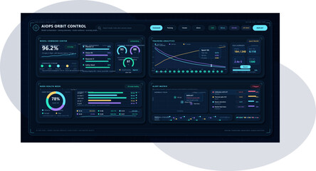 Fototapeta premium Data dashboard displays metrics and analysis for AIOps orbit control system used in network management