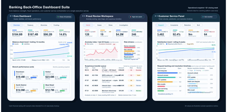 Dashboard displays banking back-office analytics with key metrics for funding, fraud review, and customer service