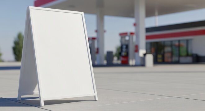 blank white a-frame street display sign mockup standing on pavement with blurred gas station and fuel pumps in background, outdoor advertising template, sunny daytime, retail signage, fuel branding