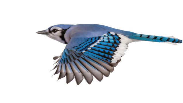 Vibrant blue jay in mid-flight displaying intricate feather patterns and a long tail, isolated on transparent background for nature designs