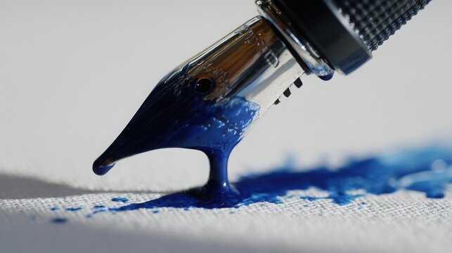 Close up of an elegant fountain pen creating a delicate azure blue ink calligraphy stroke on textured paper