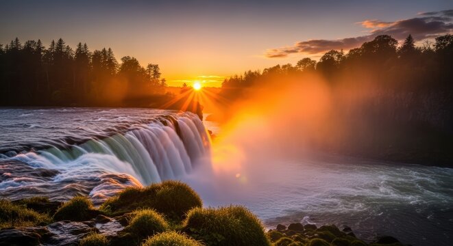 Waterfall flowing over cliff in forest during dramatic golden sunset with mist