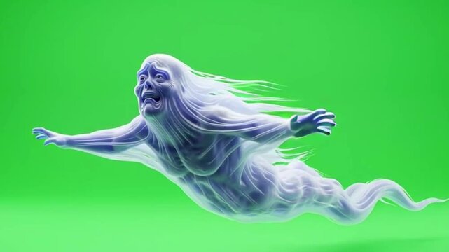Terrified Ghost Flying Backwards Fast with Wispy Tail and Blue Glow Green Screen Clip