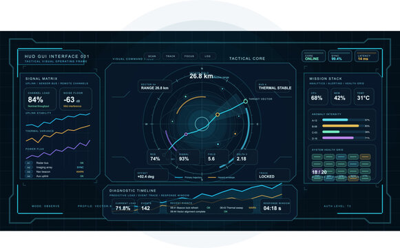 Futuristic digital head-up display interface featuring tactical data