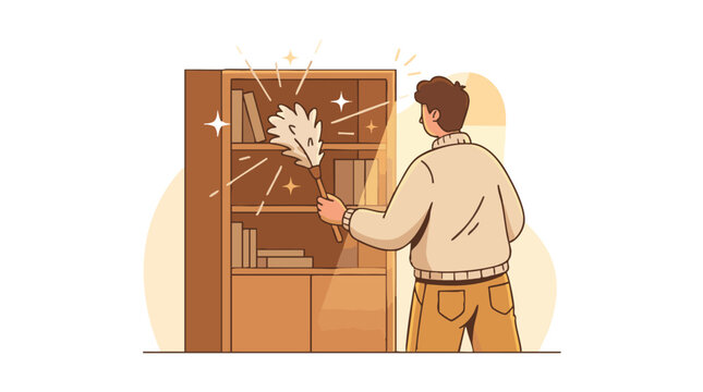 Cleaning Person Dusting a Wooden Bookshelf with a Feather Duster