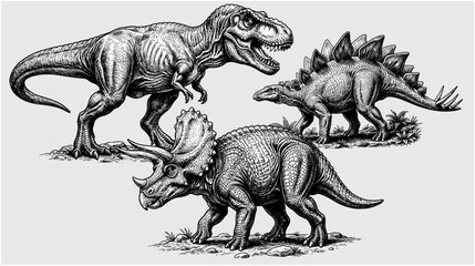 Vintage Style Engraving of T-Rex Triceratops and Stegosaurus © arief