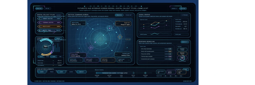 A futuristic HUD interface screen design featuring digital callout