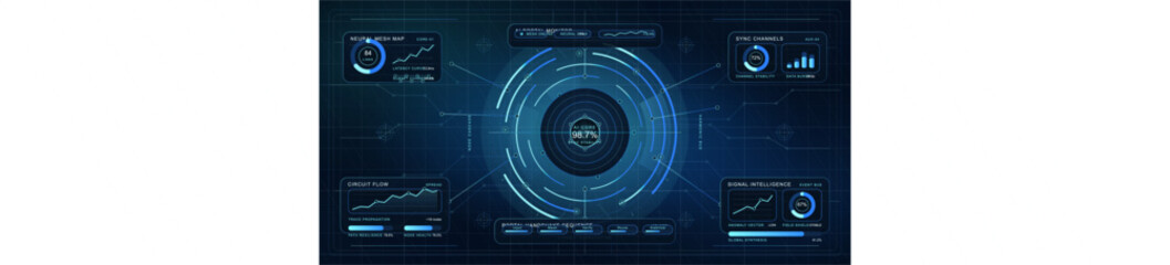 Obraz premium A futuristic digital interface dashboard featuring a central AI core