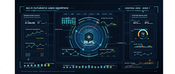 Fototapeta premium A futuristic sci-fi user interface featuring a central AI core