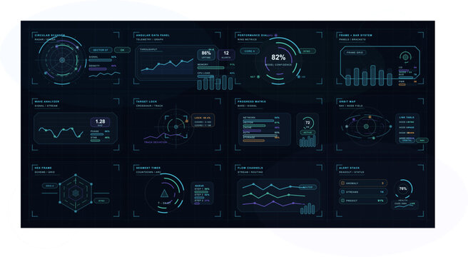 A collection of twelve futuristic user interface widgets and HUD