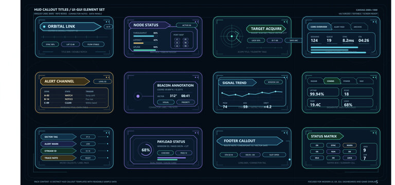 A collection of twelve futuristic HUD callout titles and UI elements