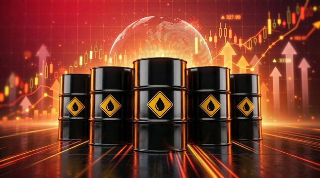 energy crisis concept Global crude oil price surge rising charts and oil barrels,representing the volatile nature of the global energy economy