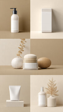 Aesthetic Minimalist Cosmetic Mockup Collection on Earthy Beige Background Natural Skincare Beauty Packaging Set with Botanicals Still Life Stock Photography Vertical 16-9