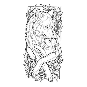 Wolf and Pup with Flowers Coloring Page Isolated on White